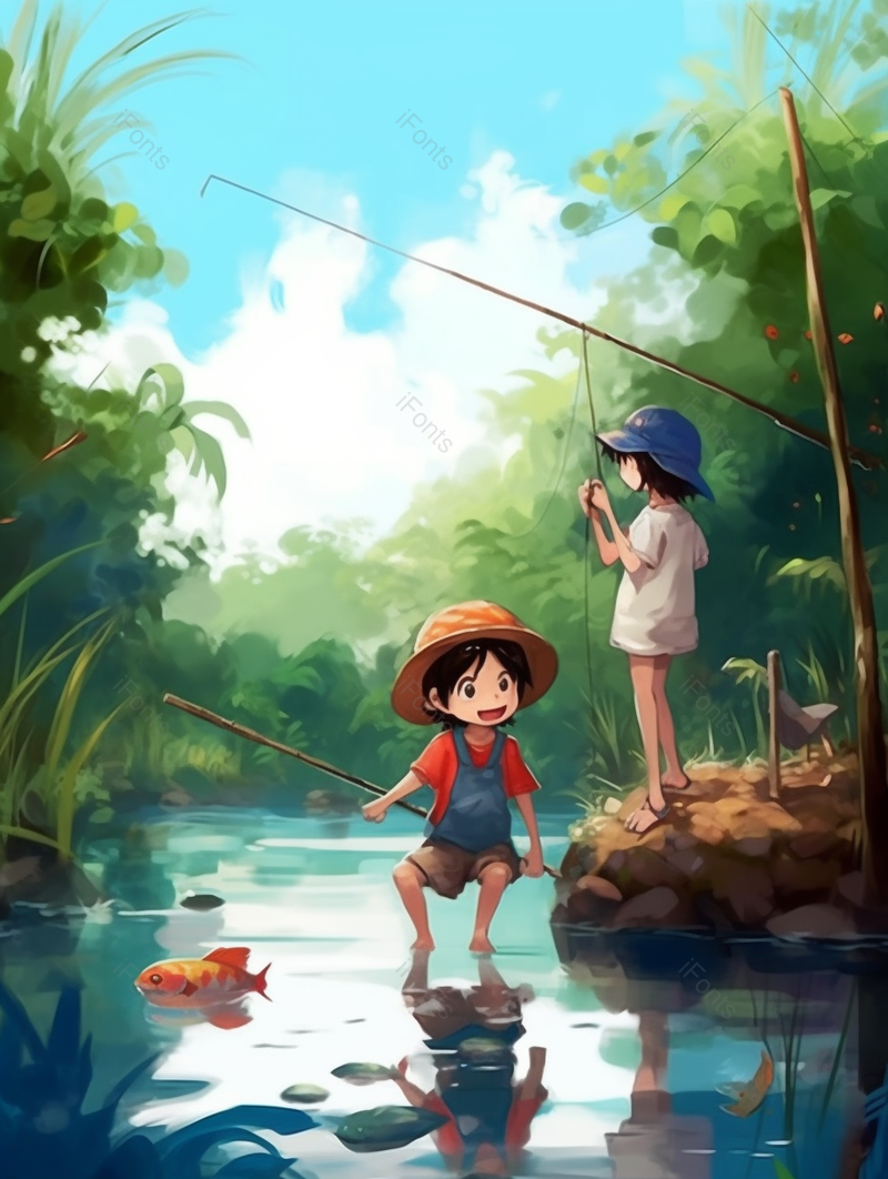 河面上钓鱼玩耍的小伙伴手绘插画图,插画/手绘图,插画/手绘图库,插画/手绘图下载,插画/手绘